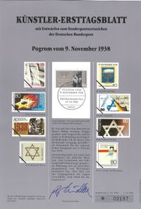 Briefmarke: &quot;50. Jahrestag der Reichskristallnacht (9. November)&quot; Frankatur:Wert 80 Pfennige Auflage	32.000.000 Tag der Ausgabe:13. Oktober 1988; Sondermarke G&uuml;ltig bis	30. Juni 2002; Michel-Nr. 1389 Entwurf: Wilke